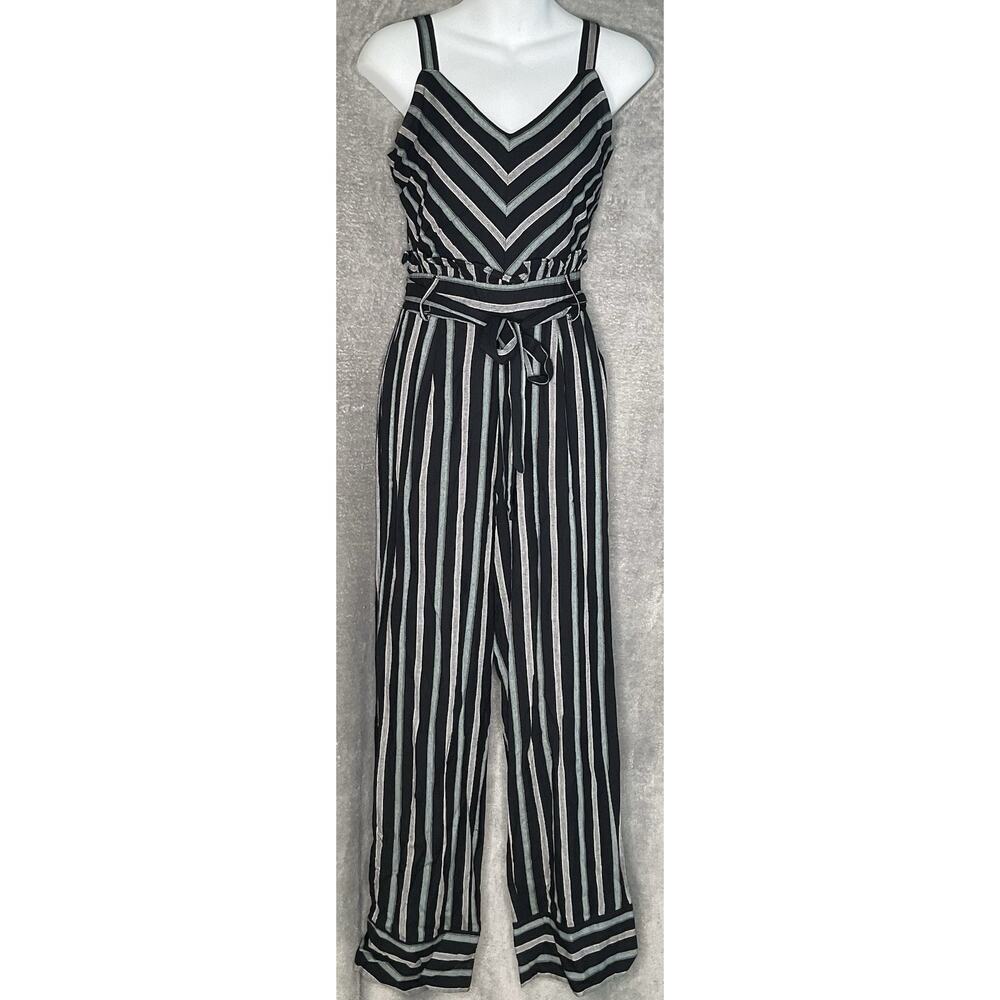 Harper Heritage Womens XS Black Striped Wide Leg Jumpsuit Tie Waist